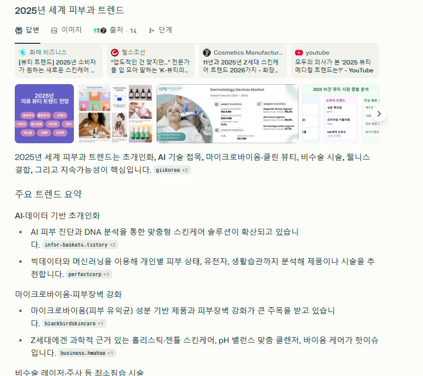 퍼플렉시티로 2025년 세계 피부과 트렌드를 검색한 결과 화면