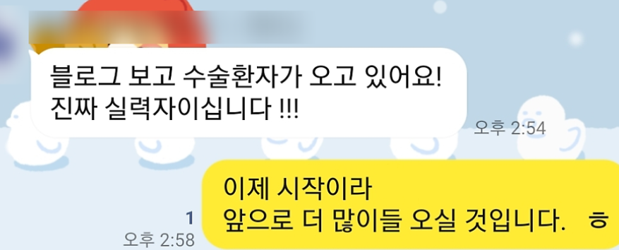 성형외과 블로그 마케팅 후 받은 카카오톡 대화 화면