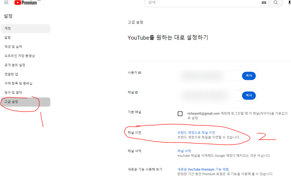 유튜브 고급설정의 채널이전에서 '브랜드 계정으로 채널 이전'을 클릭하는 화면