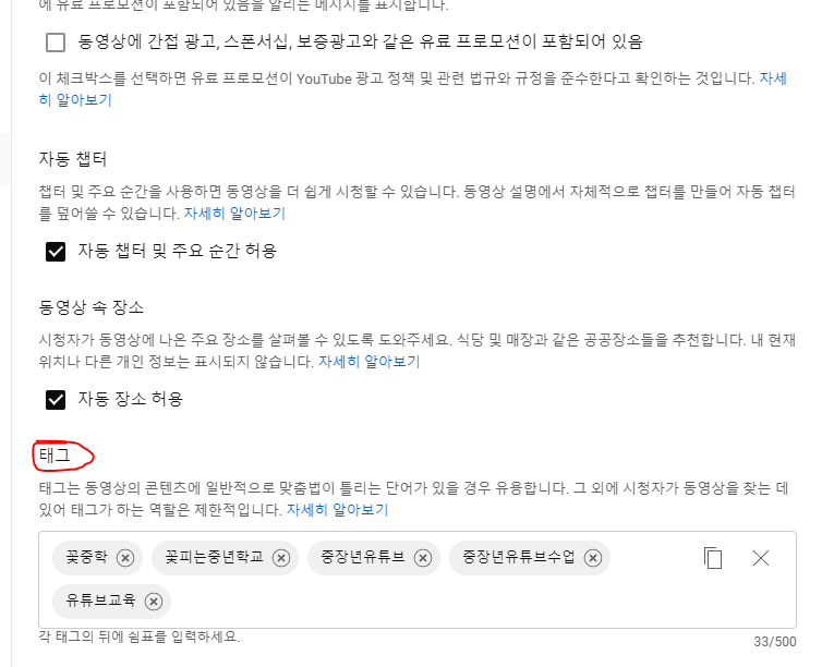 유튜브 스튜디오 세부정보의 태그 입력란 화면