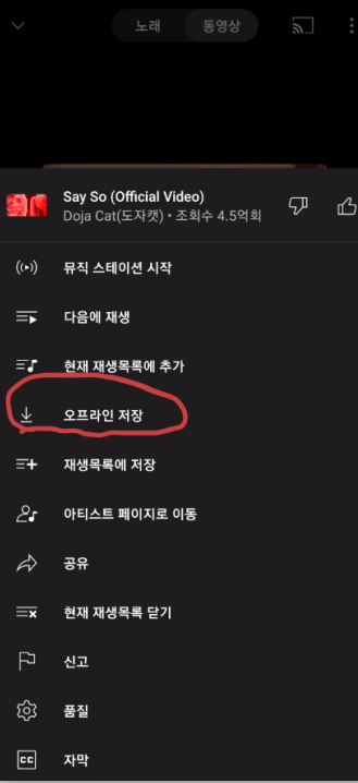 Youtube Premium 멤버십으로 음악을 다운로드해 저장하는 화면