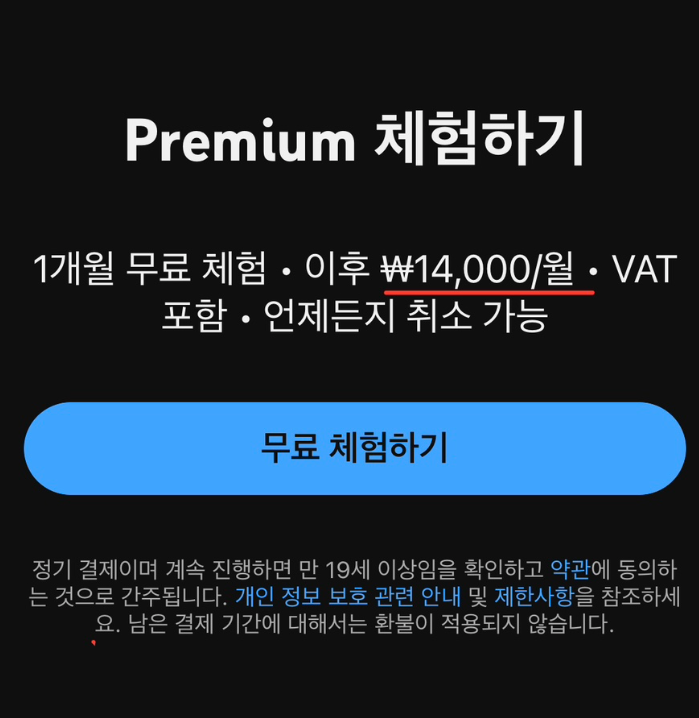애플 아이폰으로 유튜브 프리미엄 결제 시 월 1만 4천 원이 표시된 화면