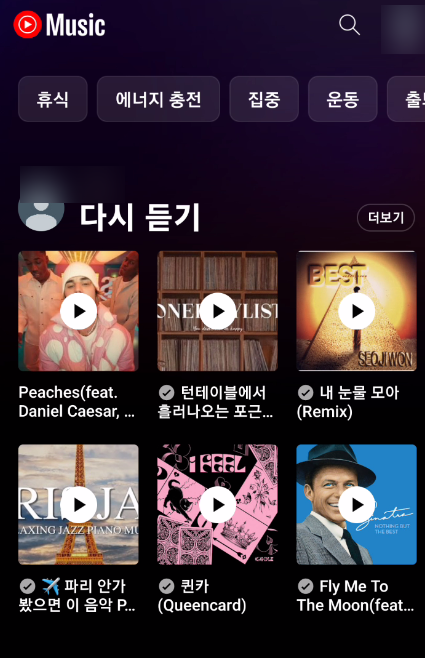 유튜브 뮤직 프리미엄 유료 회원이 한 곡 전체를 무제한 재생하는 화면