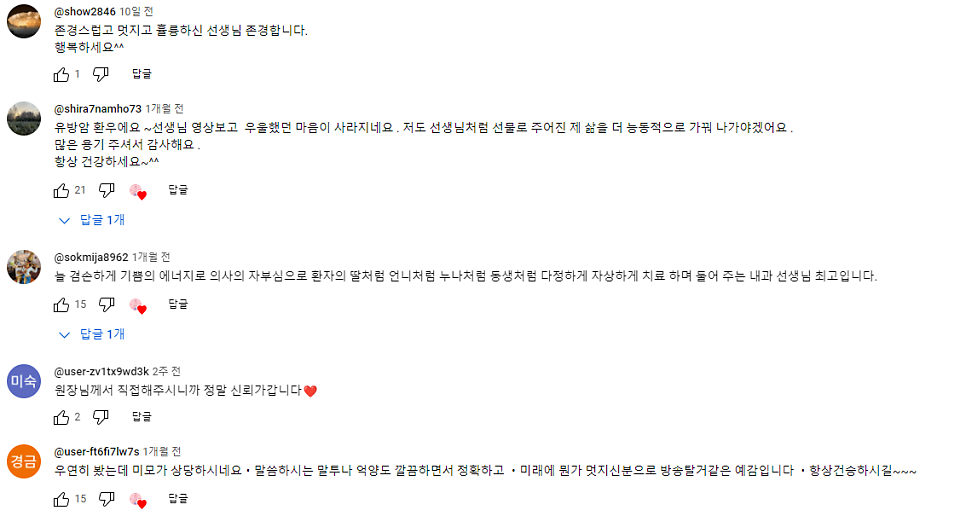원장님을 응원하는 유튜브 댓글 캡처