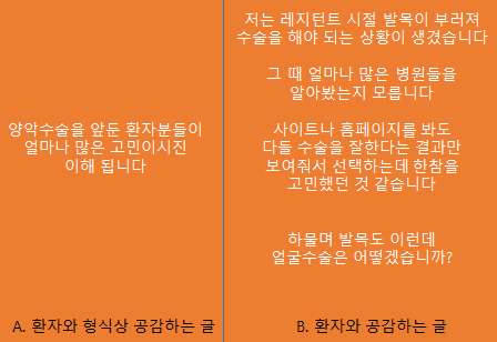 형식적인 A 글과 환자와 공감하는 스토리형 B 글 비교 예시